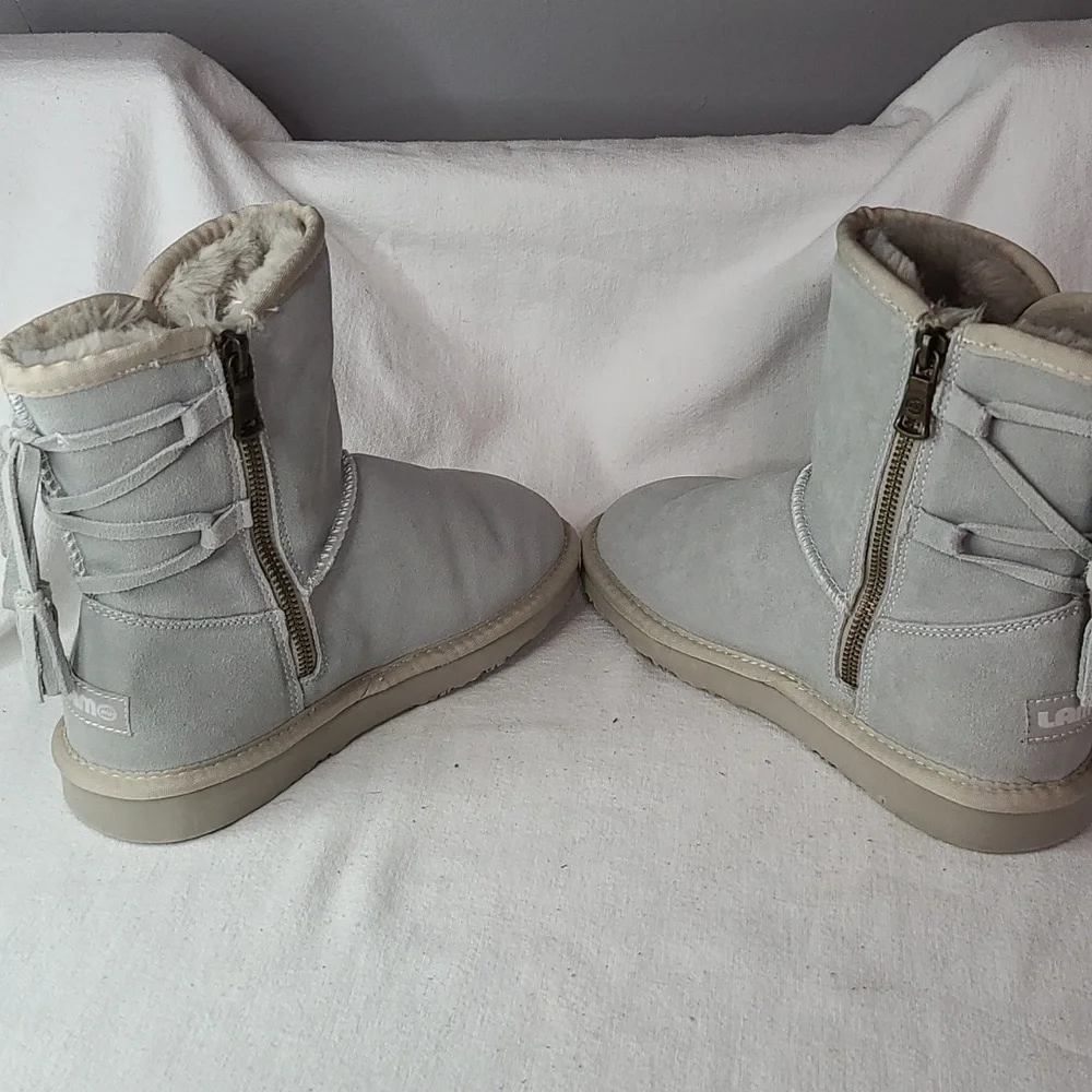 LAM Womens Light Blue Suede? Fur Lined Winter Boots Zips Lace-up Tassle Sz 6 EUC